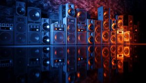 Home 3D illustratie van professioneel geluidssysteem met subwoofer op zwarte achtergrond met blauwe en oranje verlichting